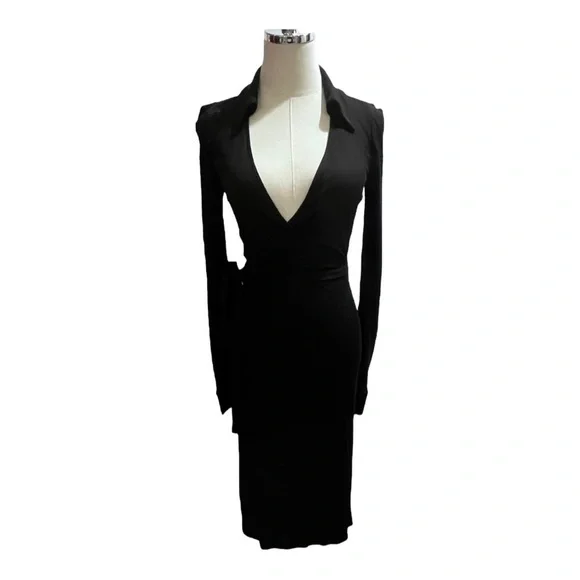 Diane Von Furstenburg New Jeanne Two Black Crepe Wrap Tie Plunge Dress Sz Xs-Sm - Picture 2 of 15